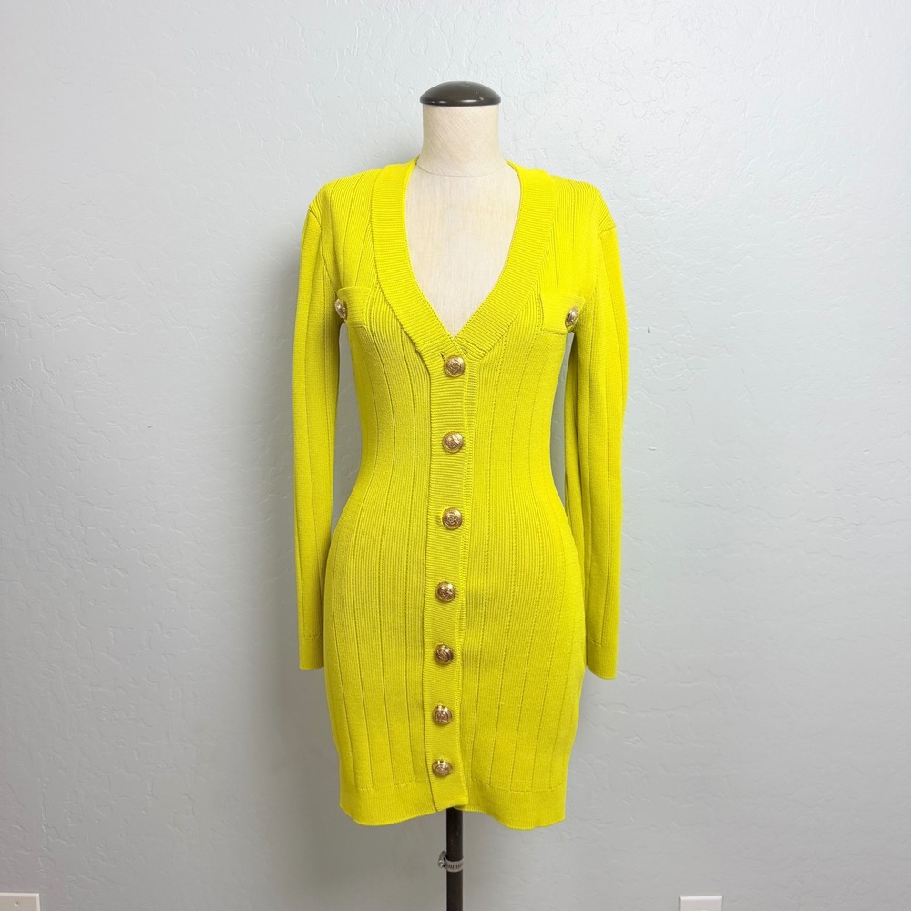 Endless Rose Lime Yellow Ribbed Knit Button Down Mini Dress Gold Crest Button XS